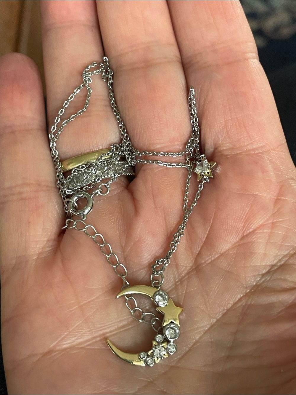 Moon & Star Crystal Celestial Pendant Necklace - Gold and Silver tone